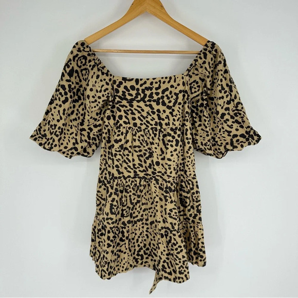 Faithful the Brand Leopard Cheetah Print 100% Cotton Puff Sleeve Mini Dress - Picture 1 of 4